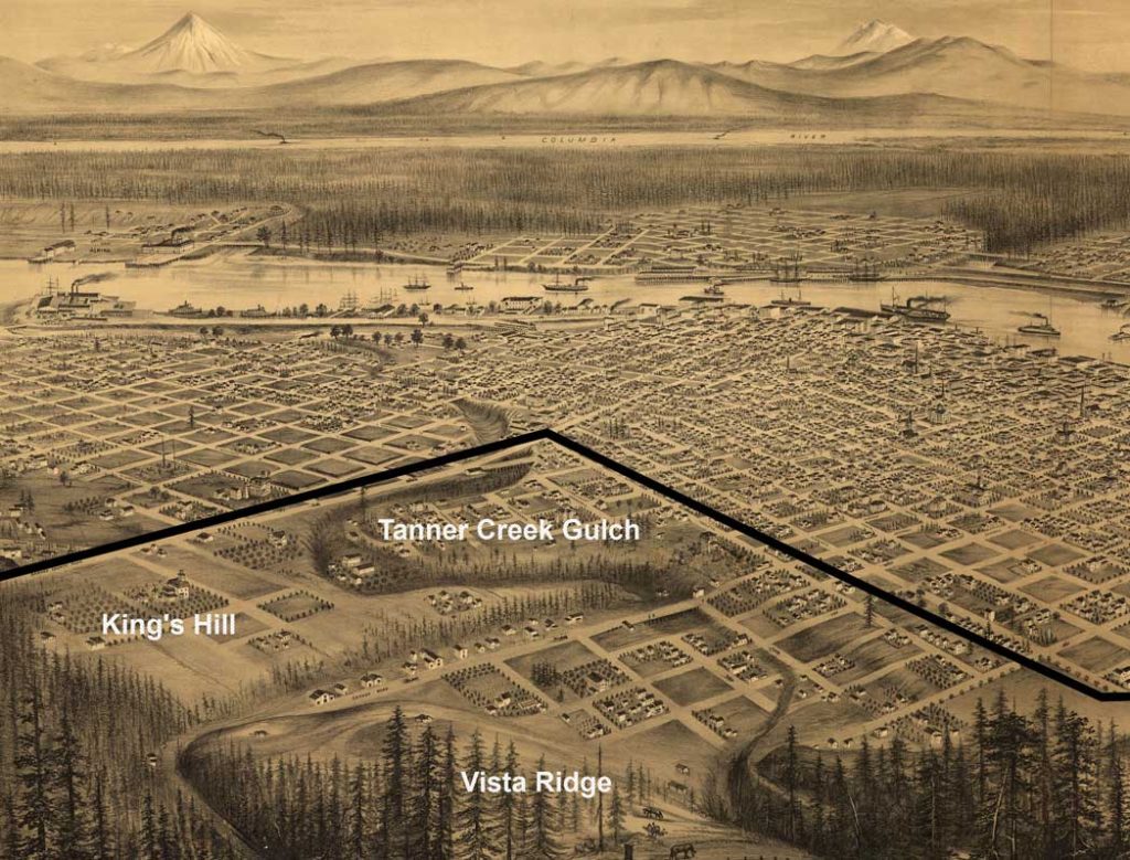 illustration of Tanner Creek 1850s, drawn from the vantage point of the west hills.
