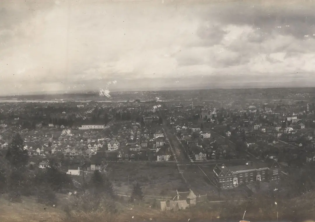 Historic photo of Goose Hollow neighborhood from above
