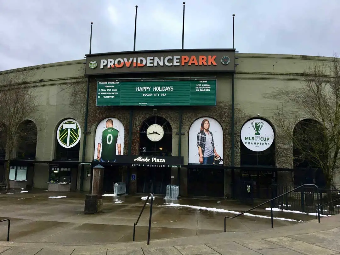 Providence Park main gate with Timbers and Thorns branding