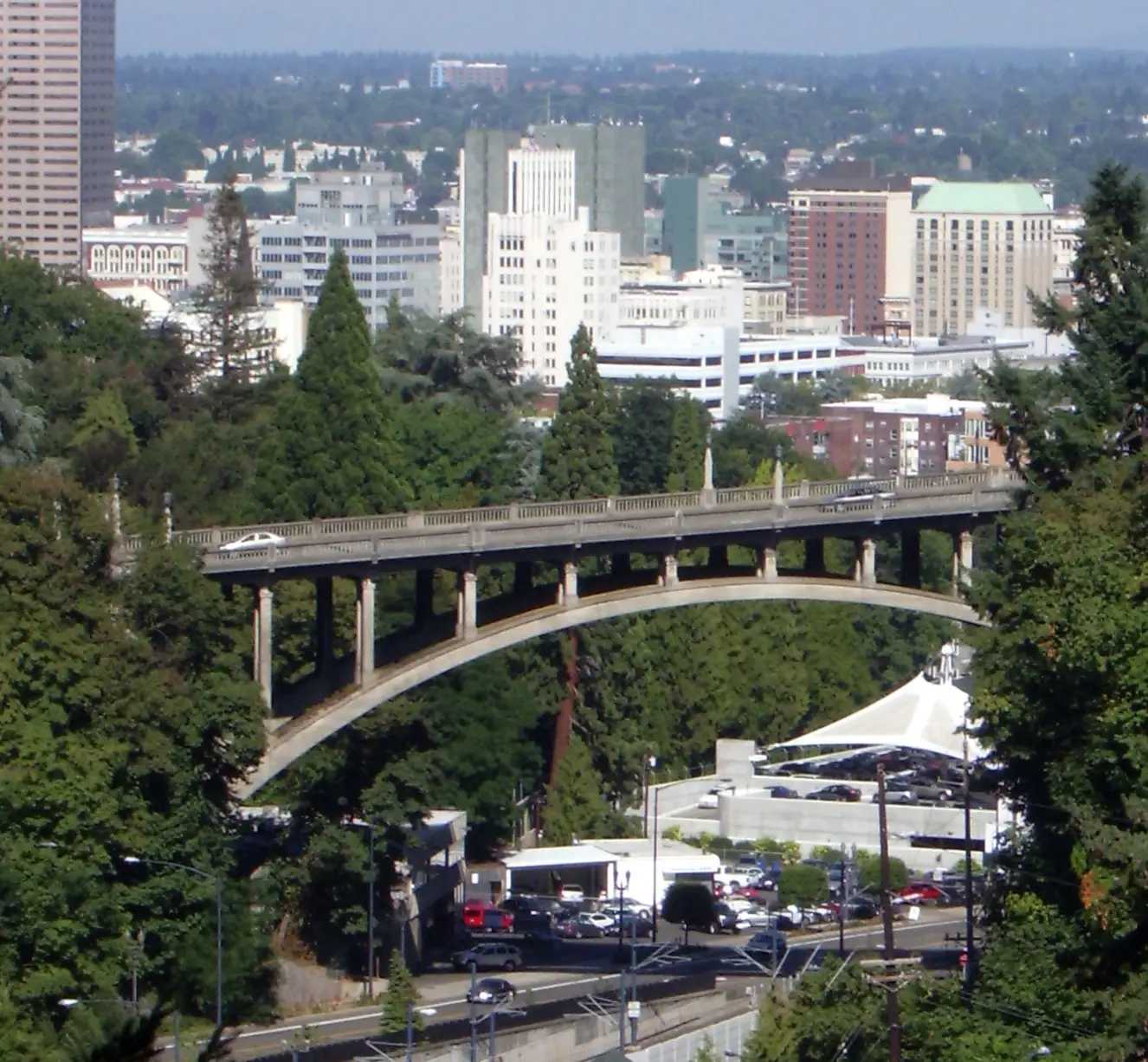 Aerial view of Goose Hollow and Vista Bridge surrounded by trees