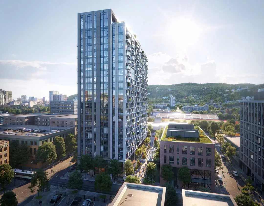 Rendering of exterior of Byline Apartments building at golden hour